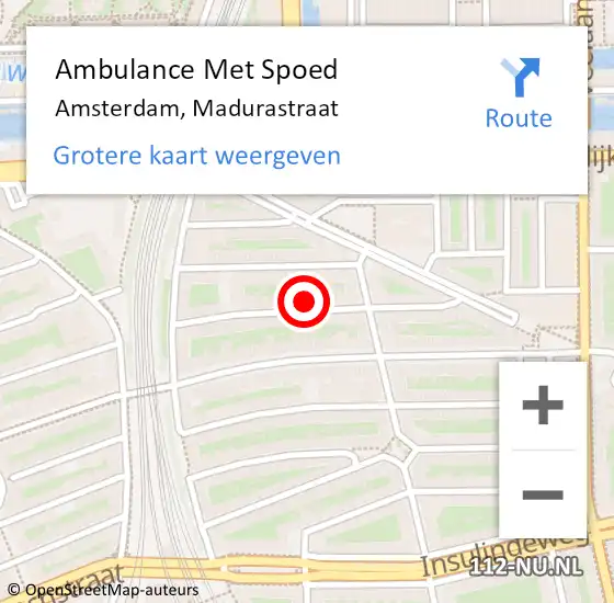 Locatie op kaart van de 112 melding: Ambulance Met Spoed Naar Amsterdam, Madurastraat op 9 juli 2024 14:52