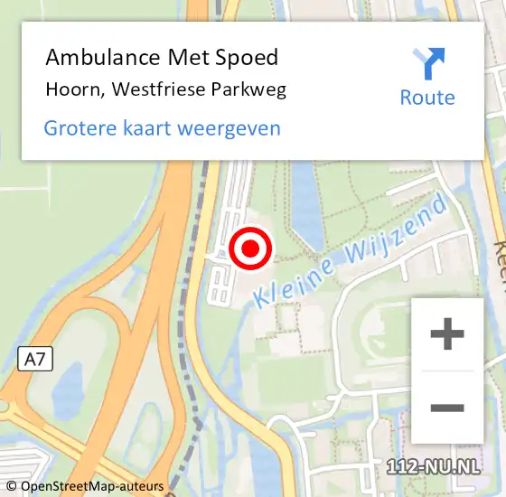 Locatie op kaart van de 112 melding: Ambulance Met Spoed Naar Hoorn, Westfriese Parkweg op 9 juli 2024 14:58