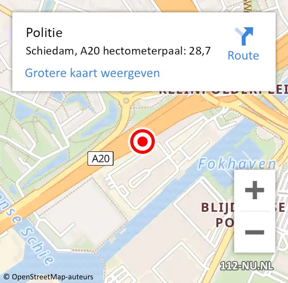 Locatie op kaart van de 112 melding: Politie Schiedam, A20 hectometerpaal: 28,7 op 9 juli 2024 15:22