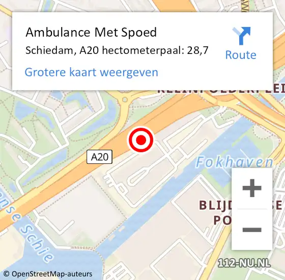 Locatie op kaart van de 112 melding: Ambulance Met Spoed Naar Schiedam, A20 hectometerpaal: 28,7 op 9 juli 2024 15:32