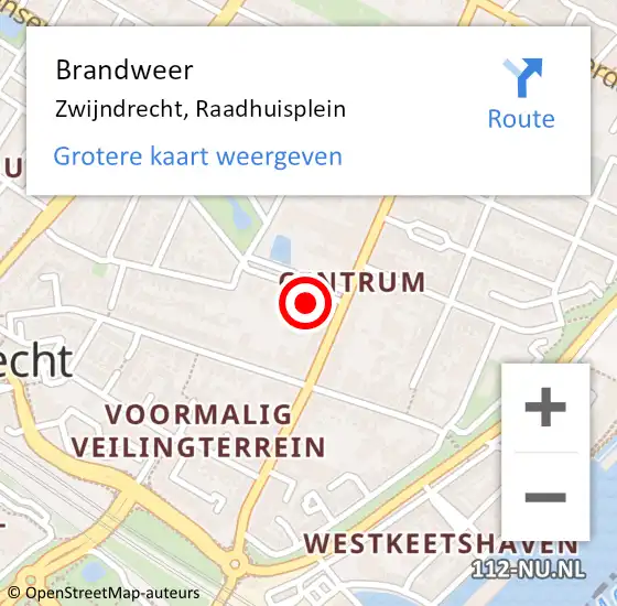 Locatie op kaart van de 112 melding: Brandweer Zwijndrecht, Raadhuisplein op 9 juli 2024 16:15