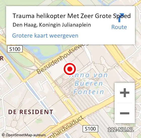 Locatie op kaart van de 112 melding: Trauma helikopter Met Zeer Grote Spoed Naar Den Haag, Koningin Julianaplein op 9 juli 2024 16:34