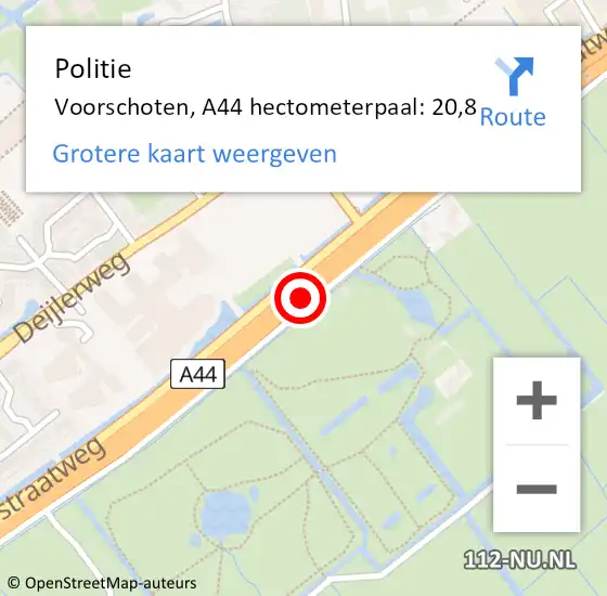 Locatie op kaart van de 112 melding: Politie Voorschoten, A44 hectometerpaal: 20,8 op 9 juli 2024 17:08