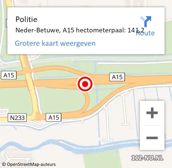 Locatie op kaart van de 112 melding: Politie Neder-Betuwe, A15 hectometerpaal: 141,2 op 9 juli 2024 17:56