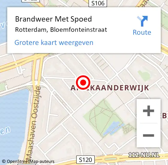 Locatie op kaart van de 112 melding: Brandweer Met Spoed Naar Rotterdam, Bloemfonteinstraat op 9 juli 2024 18:20