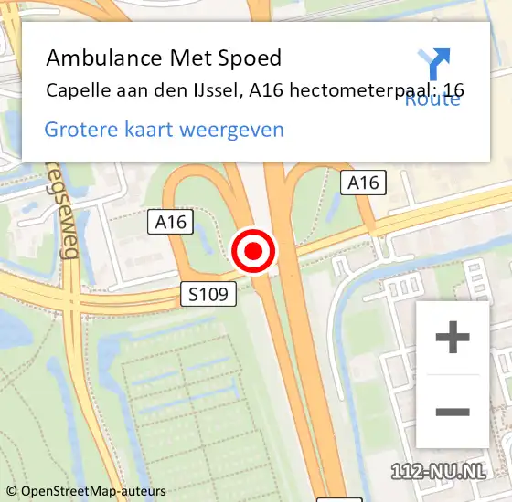 Locatie op kaart van de 112 melding: Ambulance Met Spoed Naar Capelle aan den IJssel, A16 hectometerpaal: 16 op 9 juli 2024 18:56
