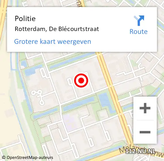 Locatie op kaart van de 112 melding: Politie Rotterdam, De Blécourtstraat op 9 juli 2024 19:09