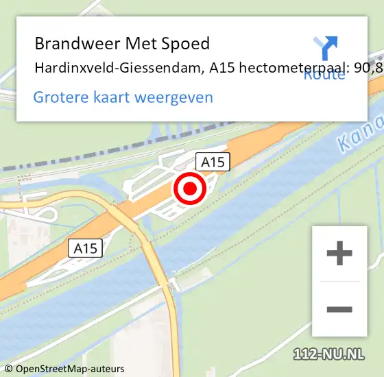 Locatie op kaart van de 112 melding: Brandweer Met Spoed Naar Hardinxveld-Giessendam, A15 hectometerpaal: 90,8 op 9 juli 2024 19:22