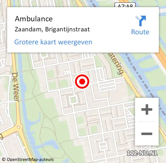 Locatie op kaart van de 112 melding: Ambulance Zaandam, Brigantijnstraat op 9 juli 2024 20:09