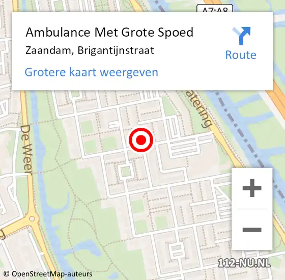 Locatie op kaart van de 112 melding: Ambulance Met Grote Spoed Naar Zaandam, Brigantijnstraat op 9 juli 2024 20:09