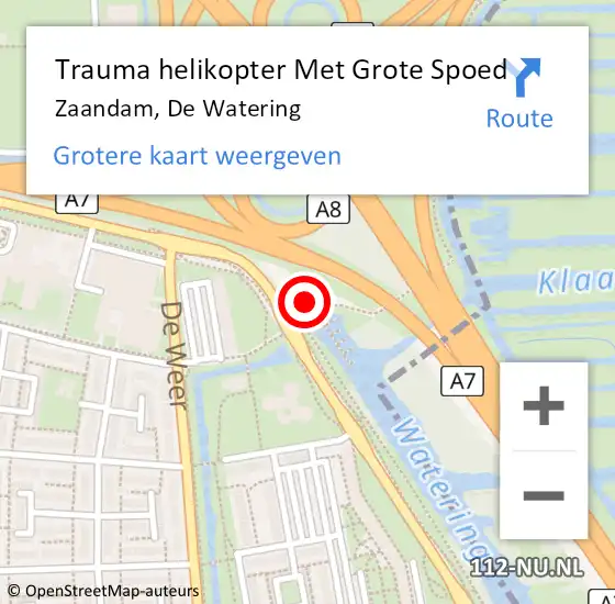 Locatie op kaart van de 112 melding: Trauma helikopter Met Grote Spoed Naar Zaandam, De Watering op 9 juli 2024 20:11