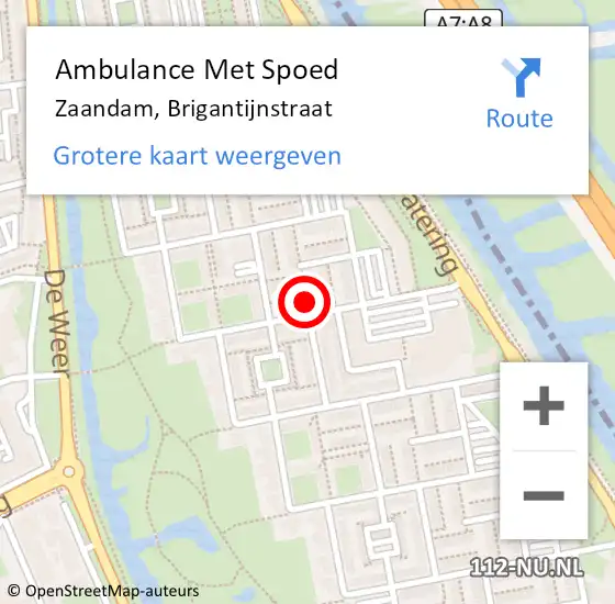 Locatie op kaart van de 112 melding: Ambulance Met Spoed Naar Zaandam, Brigantijnstraat op 9 juli 2024 20:27