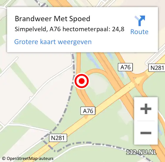 Locatie op kaart van de 112 melding: Brandweer Met Spoed Naar Simpelveld, A76 hectometerpaal: 24,8 op 9 juli 2024 21:25