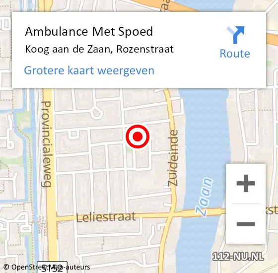 Locatie op kaart van de 112 melding: Ambulance Met Spoed Naar Koog aan de Zaan, Rozenstraat op 9 juli 2024 22:51