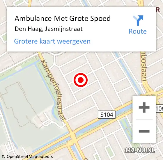 Locatie op kaart van de 112 melding: Ambulance Met Grote Spoed Naar Den Haag, Jasmijnstraat op 10 juli 2024 00:23