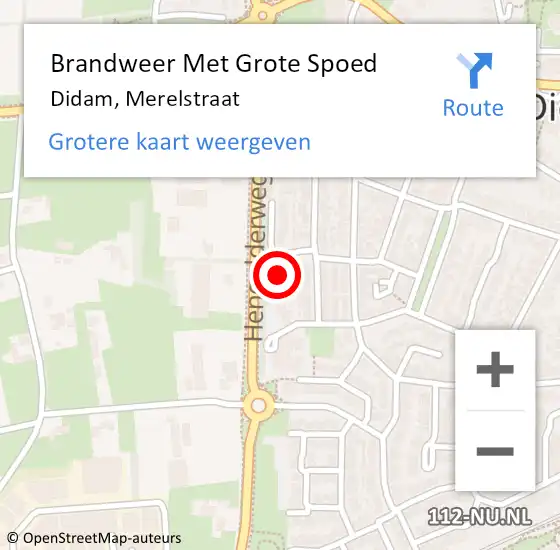 Locatie op kaart van de 112 melding: Brandweer Met Grote Spoed Naar Didam, Merelstraat op 10 juli 2024 01:32