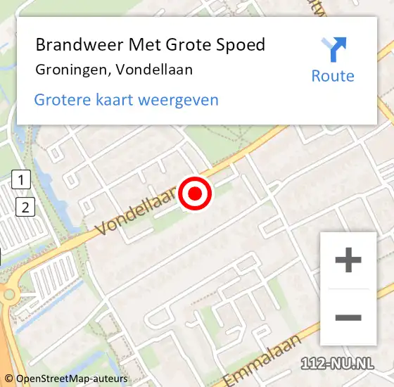 Locatie op kaart van de 112 melding: Brandweer Met Grote Spoed Naar Groningen, Vondellaan op 10 juli 2024 01:45