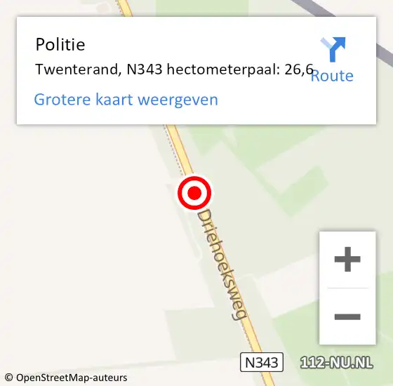 Locatie op kaart van de 112 melding: Politie Twenterand, N343 hectometerpaal: 26,6 op 10 juli 2024 02:18