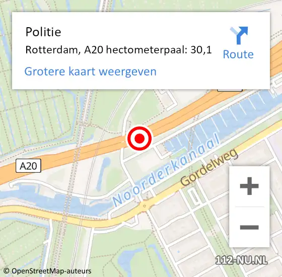 Locatie op kaart van de 112 melding: Politie Rotterdam, A20 hectometerpaal: 30,1 op 10 juli 2024 05:21