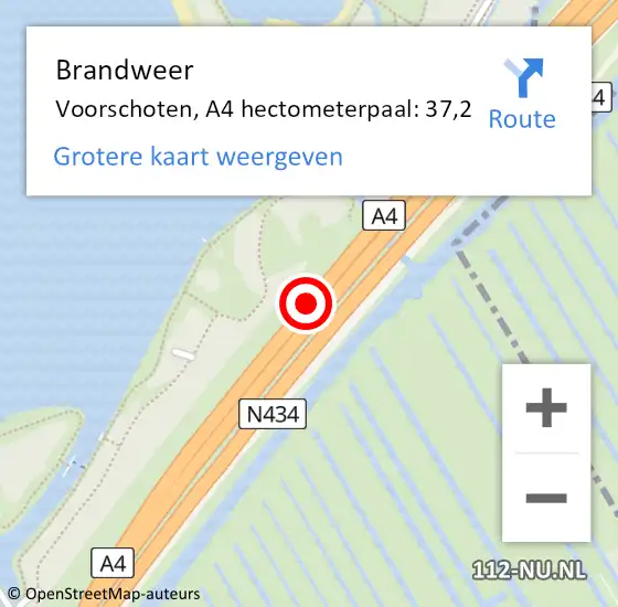 Locatie op kaart van de 112 melding: Brandweer Voorschoten, A4 hectometerpaal: 37,2 op 10 juli 2024 06:22