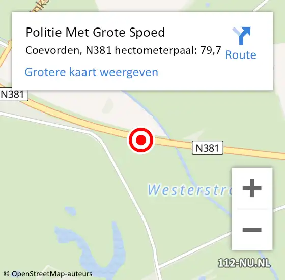 Locatie op kaart van de 112 melding: Politie Met Grote Spoed Naar Coevorden, N381 hectometerpaal: 79,7 op 10 juli 2024 06:39