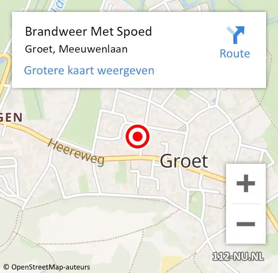 Locatie op kaart van de 112 melding: Brandweer Met Spoed Naar Groet, Meeuwenlaan op 10 juli 2024 08:39