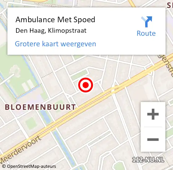 Locatie op kaart van de 112 melding: Ambulance Met Spoed Naar Den Haag, Klimopstraat op 10 juli 2024 09:30