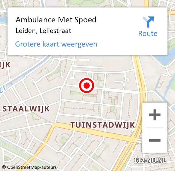 Locatie op kaart van de 112 melding: Ambulance Met Spoed Naar Leiden, Leliestraat op 10 juli 2024 10:47