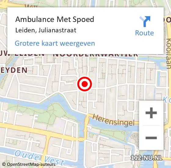 Locatie op kaart van de 112 melding: Ambulance Met Spoed Naar Leiden, Julianastraat op 10 juli 2024 11:51