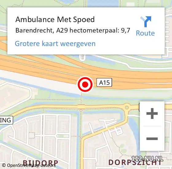 Locatie op kaart van de 112 melding: Ambulance Met Spoed Naar Barendrecht, A29 hectometerpaal: 9,7 op 10 juli 2024 12:12
