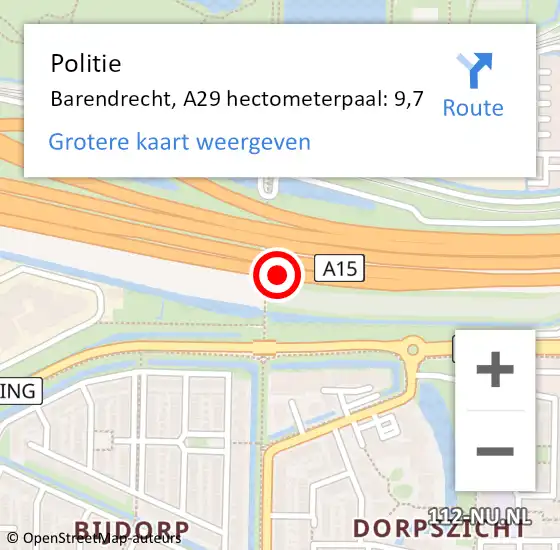 Locatie op kaart van de 112 melding: Politie Barendrecht, A29 hectometerpaal: 9,7 op 10 juli 2024 12:12