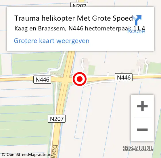 Locatie op kaart van de 112 melding: Trauma helikopter Met Grote Spoed Naar Kaag en Braassem, N446 hectometerpaal: 11,4 op 10 juli 2024 13:41