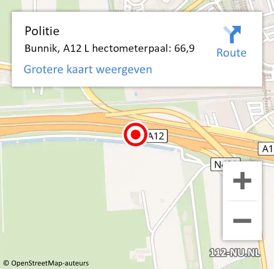 Locatie op kaart van de 112 melding: Politie Bunnik, A12 L hectometerpaal: 64,0 op 12 oktober 2014 16:05