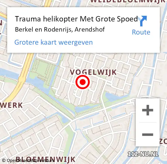 Locatie op kaart van de 112 melding: Trauma helikopter Met Grote Spoed Naar Berkel en Rodenrijs, Arendshof op 10 juli 2024 13:49