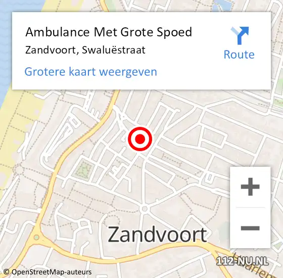 Locatie op kaart van de 112 melding: Ambulance Met Grote Spoed Naar Zandvoort, Swaluëstraat op 10 juli 2024 14:09