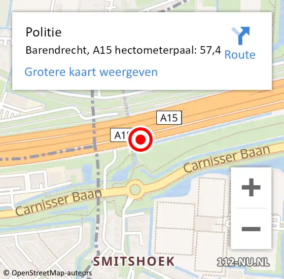 Locatie op kaart van de 112 melding: Politie Barendrecht, A15 hectometerpaal: 57,4 op 10 juli 2024 15:21