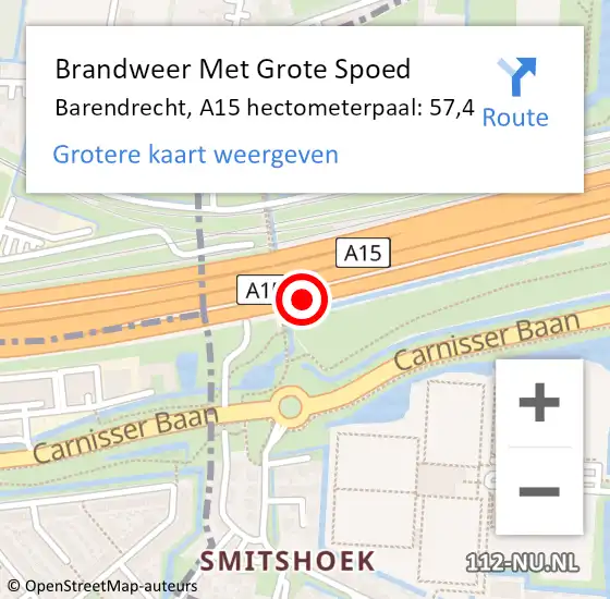Locatie op kaart van de 112 melding: Brandweer Met Grote Spoed Naar Barendrecht, A15 hectometerpaal: 57,4 op 10 juli 2024 15:21