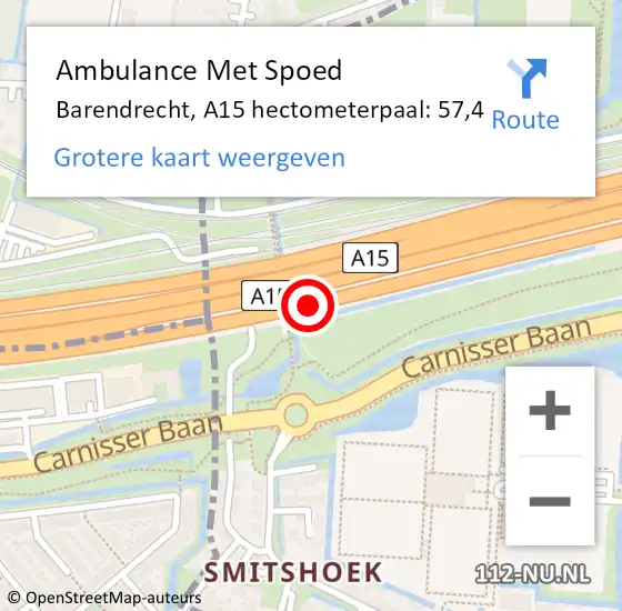 Locatie op kaart van de 112 melding: Ambulance Met Spoed Naar Barendrecht, A15 hectometerpaal: 57,4 op 10 juli 2024 15:21