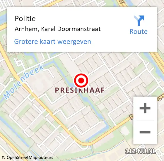 Locatie op kaart van de 112 melding: Politie Arnhem, Karel Doormanstraat op 10 juli 2024 15:28