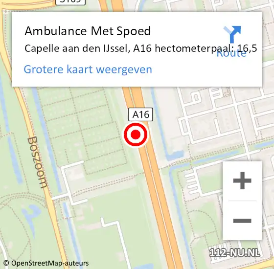 Locatie op kaart van de 112 melding: Ambulance Met Spoed Naar Capelle aan den IJssel, A16 hectometerpaal: 16,5 op 10 juli 2024 15:30