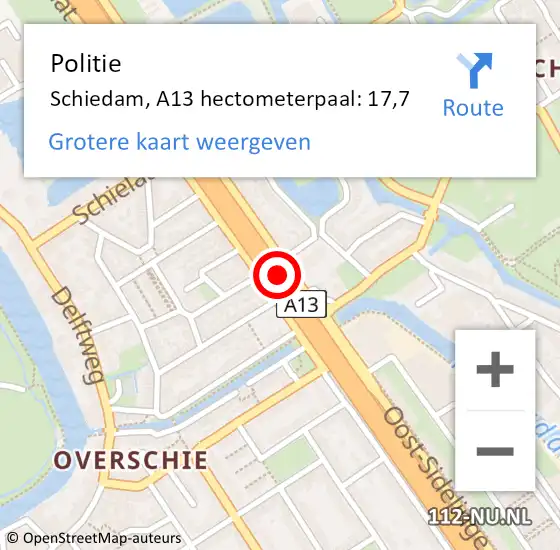 Locatie op kaart van de 112 melding: Politie Schiedam, A13 hectometerpaal: 17,7 op 10 juli 2024 15:33