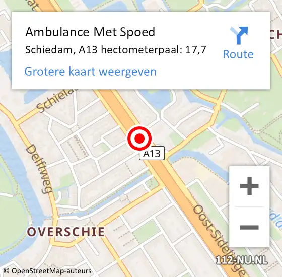 Locatie op kaart van de 112 melding: Ambulance Met Spoed Naar Schiedam, A13 hectometerpaal: 17,7 op 10 juli 2024 15:39
