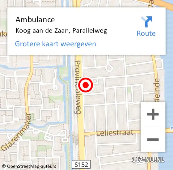 Locatie op kaart van de 112 melding: Ambulance Koog aan de Zaan, Parallelweg op 10 juli 2024 15:55
