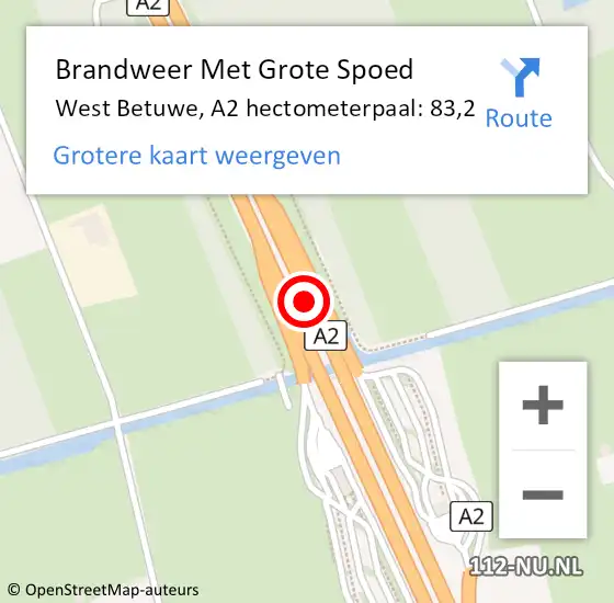 Locatie op kaart van de 112 melding: Brandweer Met Grote Spoed Naar West Betuwe, A2 hectometerpaal: 83,2 op 10 juli 2024 16:05