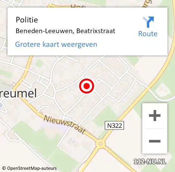 Locatie op kaart van de 112 melding: Politie Beneden-Leeuwen, Beatrixstraat op 10 juli 2024 16:57