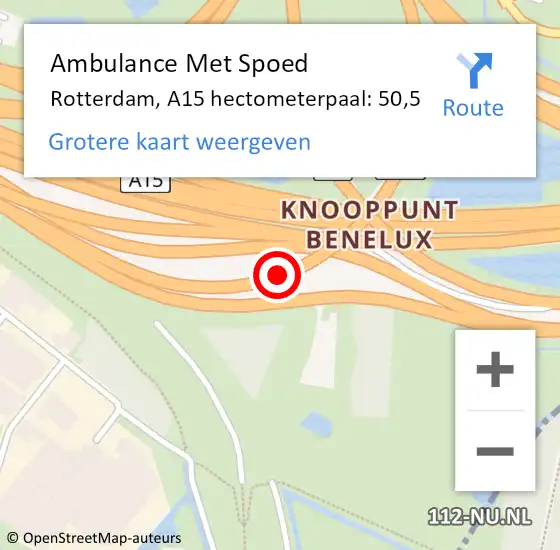 Locatie op kaart van de 112 melding: Ambulance Met Spoed Naar Rotterdam, A15 hectometerpaal: 50,5 op 10 juli 2024 17:26