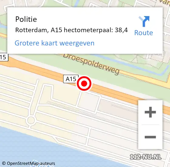 Locatie op kaart van de 112 melding: Politie Rotterdam, A15 hectometerpaal: 38,4 op 10 juli 2024 17:45