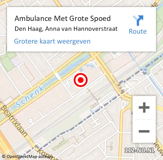 Locatie op kaart van de 112 melding: Ambulance Met Grote Spoed Naar Den Haag, Anna van Hannoverstraat op 10 juli 2024 18:08