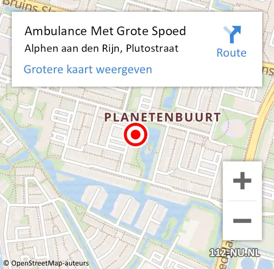 Locatie op kaart van de 112 melding: Ambulance Met Grote Spoed Naar Alphen aan den Rijn, Plutostraat op 10 juli 2024 18:49