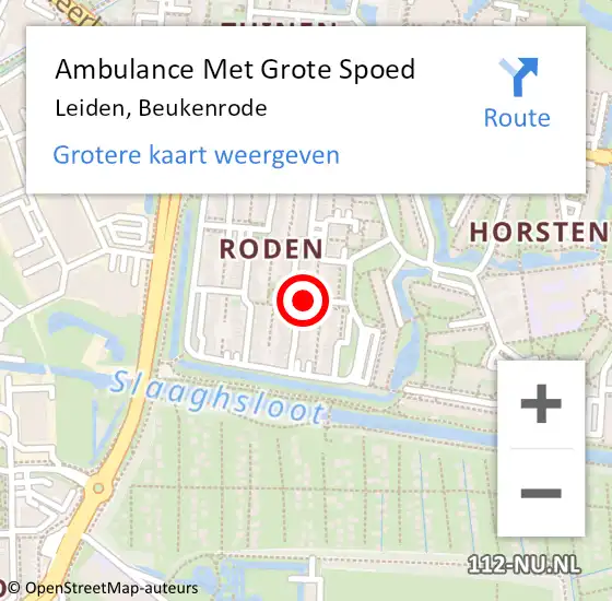 Locatie op kaart van de 112 melding: Ambulance Met Grote Spoed Naar Leiden, Beukenrode op 10 juli 2024 21:37